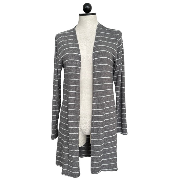 Ginger G Long Striped Open Front Cardigan Sweater Gray & White Size Small - Picture 1 of 11